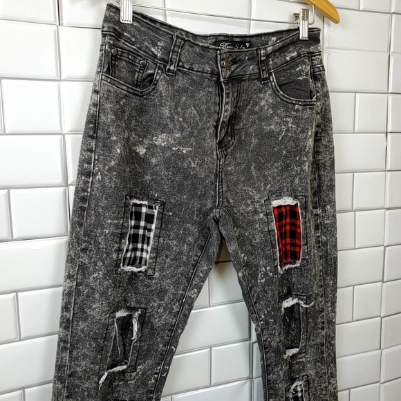 ROMA STUDIO | GINGHAM CHECKERED PATCHWORK BLACK WASHED DENIM JEANS SIZE MEDIUM - Picture 4 of 15